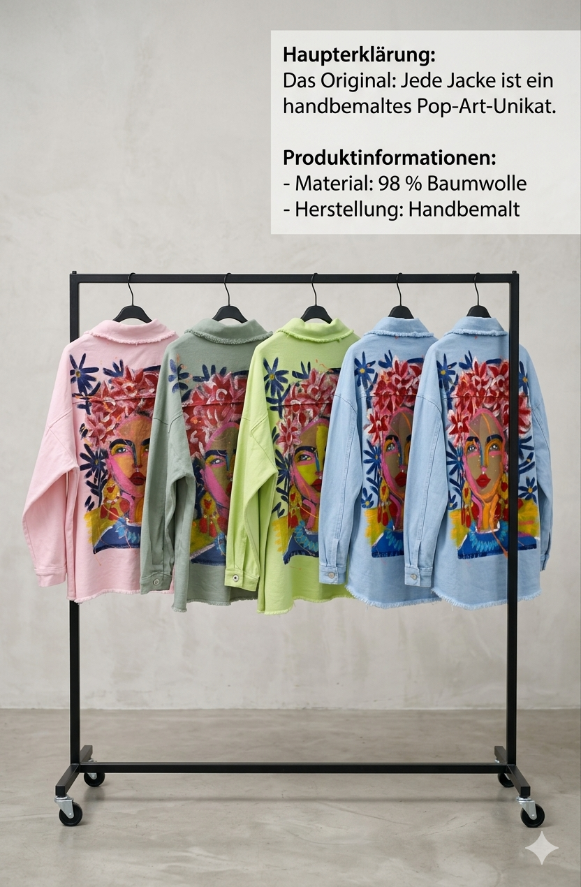 Handbemalte Frida Blumenkranz Jeansjacke in Grün, Hellblau, Grau und Hell Rosa