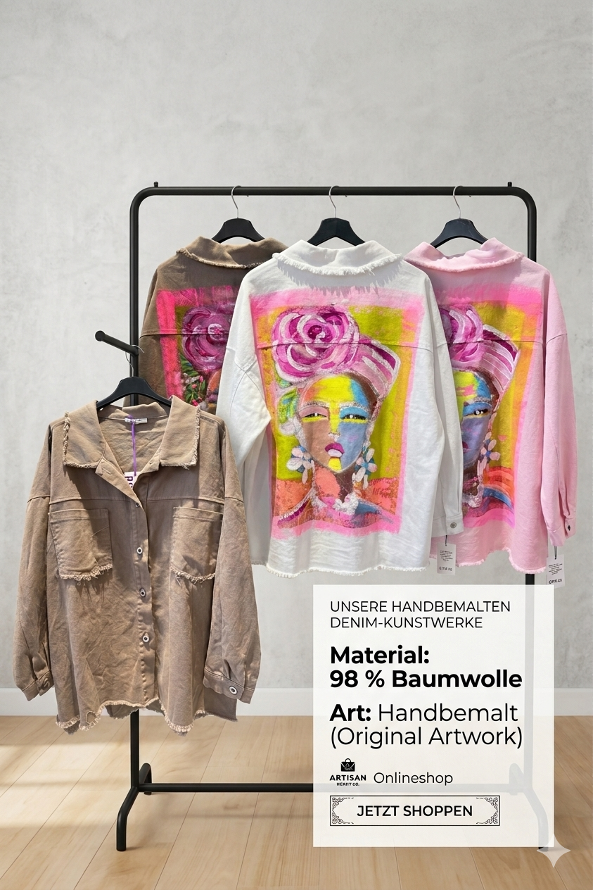 Handbemalte Frida BlumenDutt Jeansjacke in Weiß, Hell Rosa und Dunkelbraun