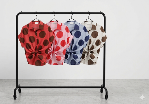 Bluse Kurzarm Punkte in Rot, Hell Rosa, Dunkelblau und Weiß