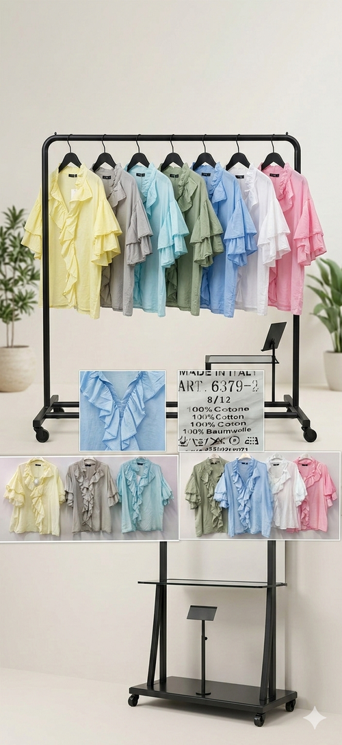 Bluse Rüschen Kurzarm in Blau, Hellblau, Hell Rosa und Hell Gelb