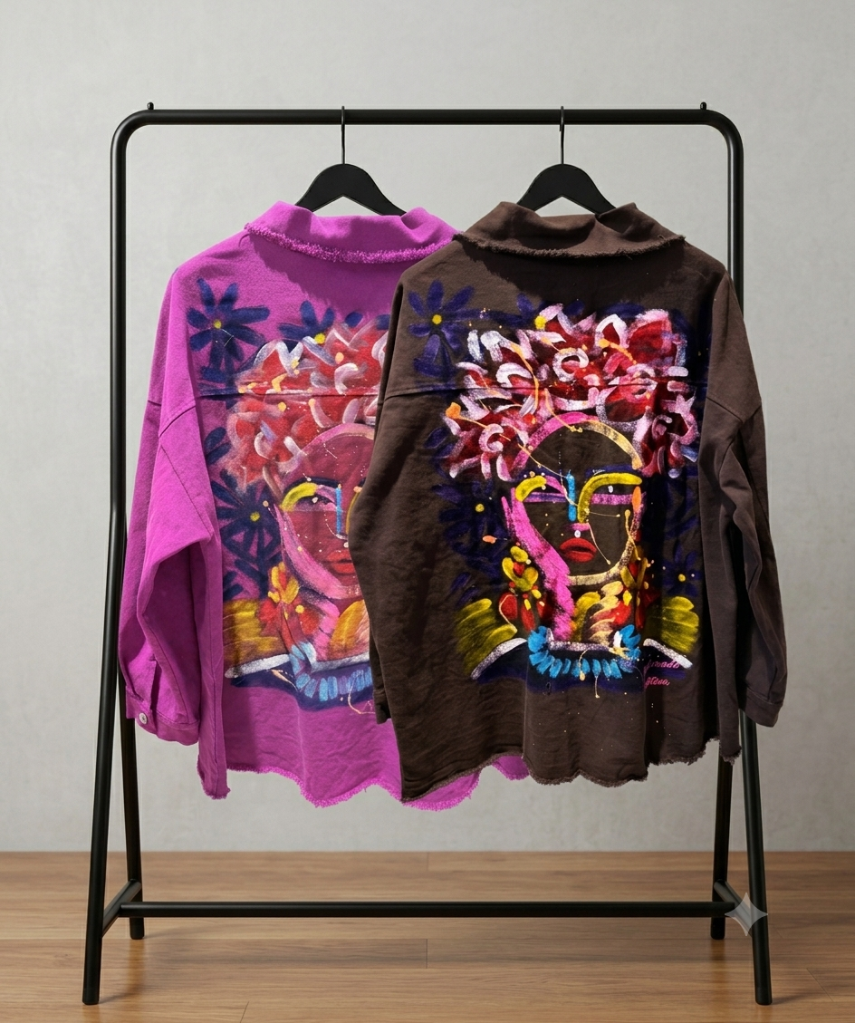 Handbemalte Frida Blumenkranz Jeansjacke